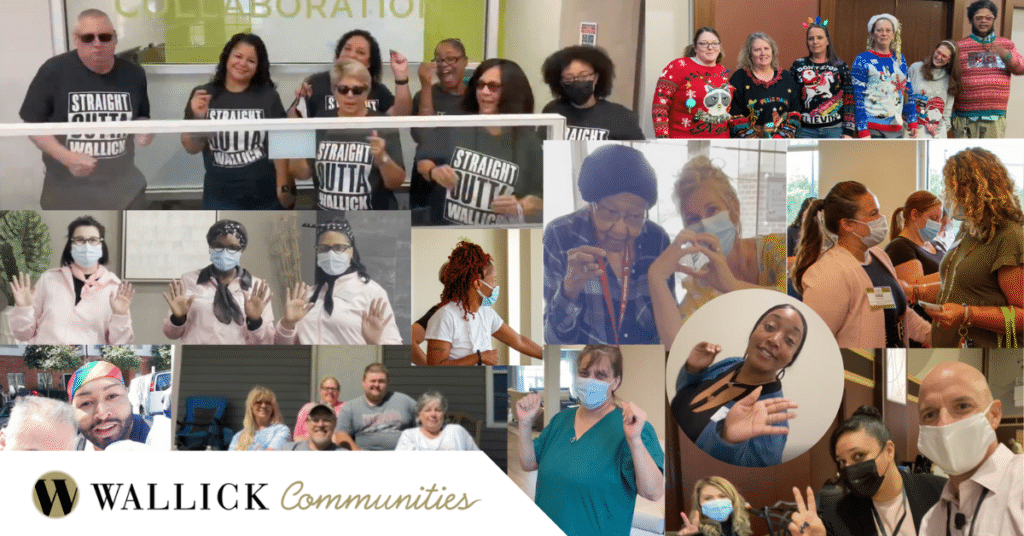 A collage of pictures of employees with masks from Wallick Communities