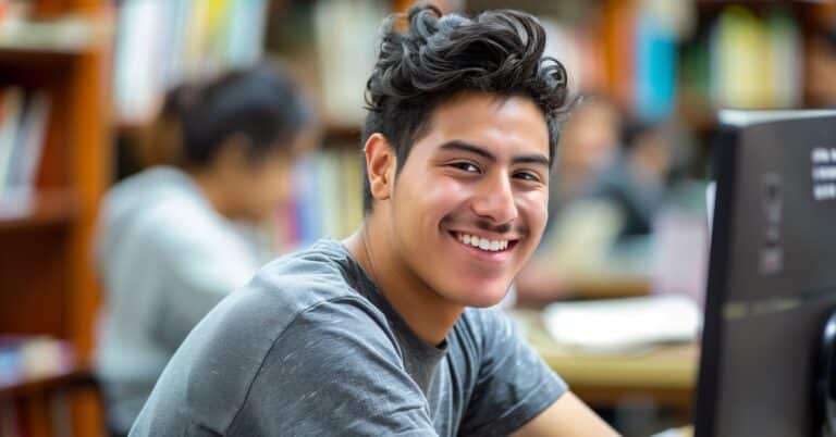 Skilled Trades Student Smiling at Camera in a library while sitting at a computer