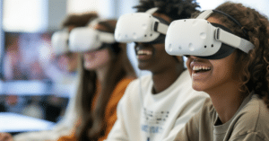 Students with VR headsets utilizing Interplay Learning courses in a classroom